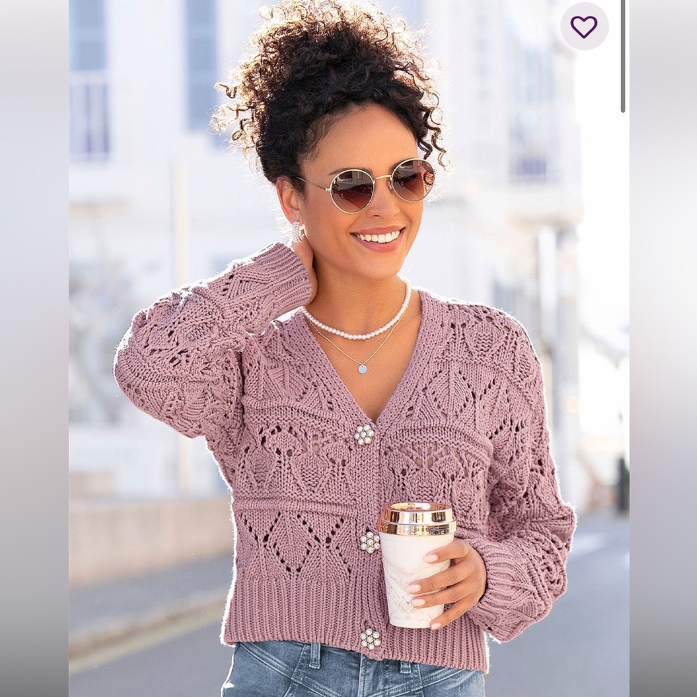 NWOT Lascana Pearl Button Crochet Cardigan Sweater in Mauve size 8-10